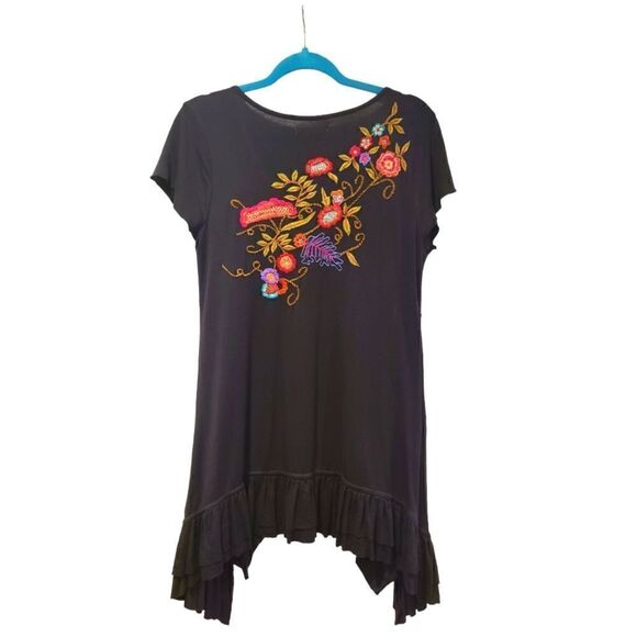 CAITE Anthropologie Black w/ Floral Embroidered Tunic Top, Ruffled Hemline | M - Picture 2 of 8